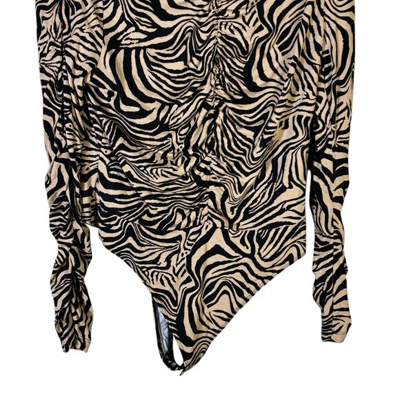 ASOS Design Zebra Print Ruched Bodysuit Womens 14 Tan Black Glam Night Out Y2K - Picture 4 of 7